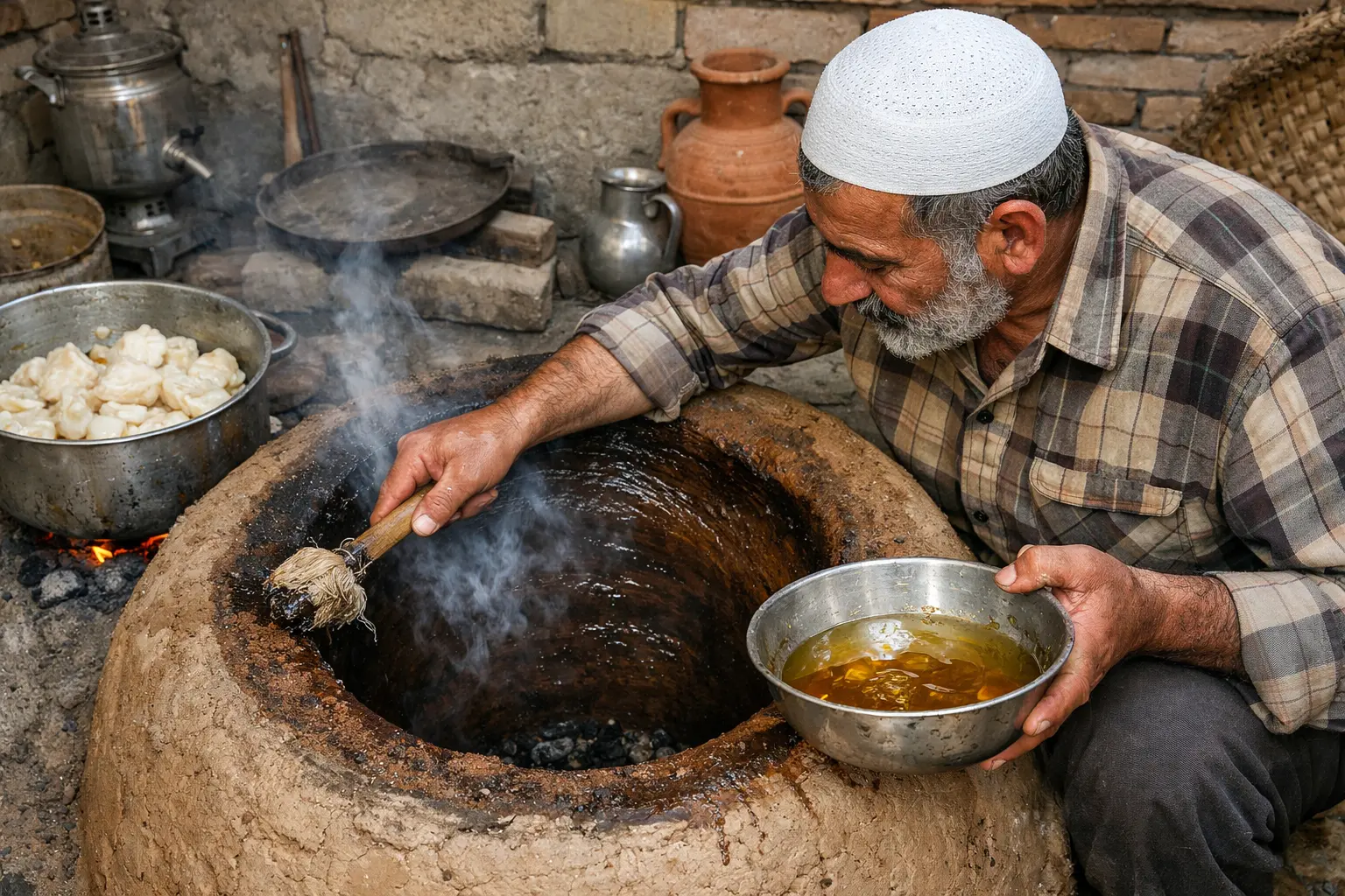 آب بندی تنور گلی با روغن دمبه